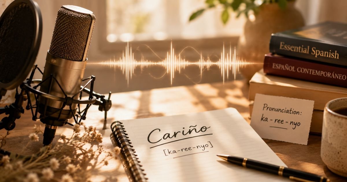 Carino pronunciation with microphone and notebook