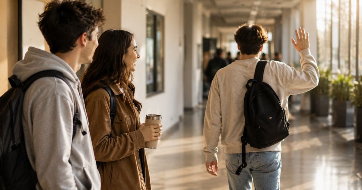 Friends chatting in a school hallway