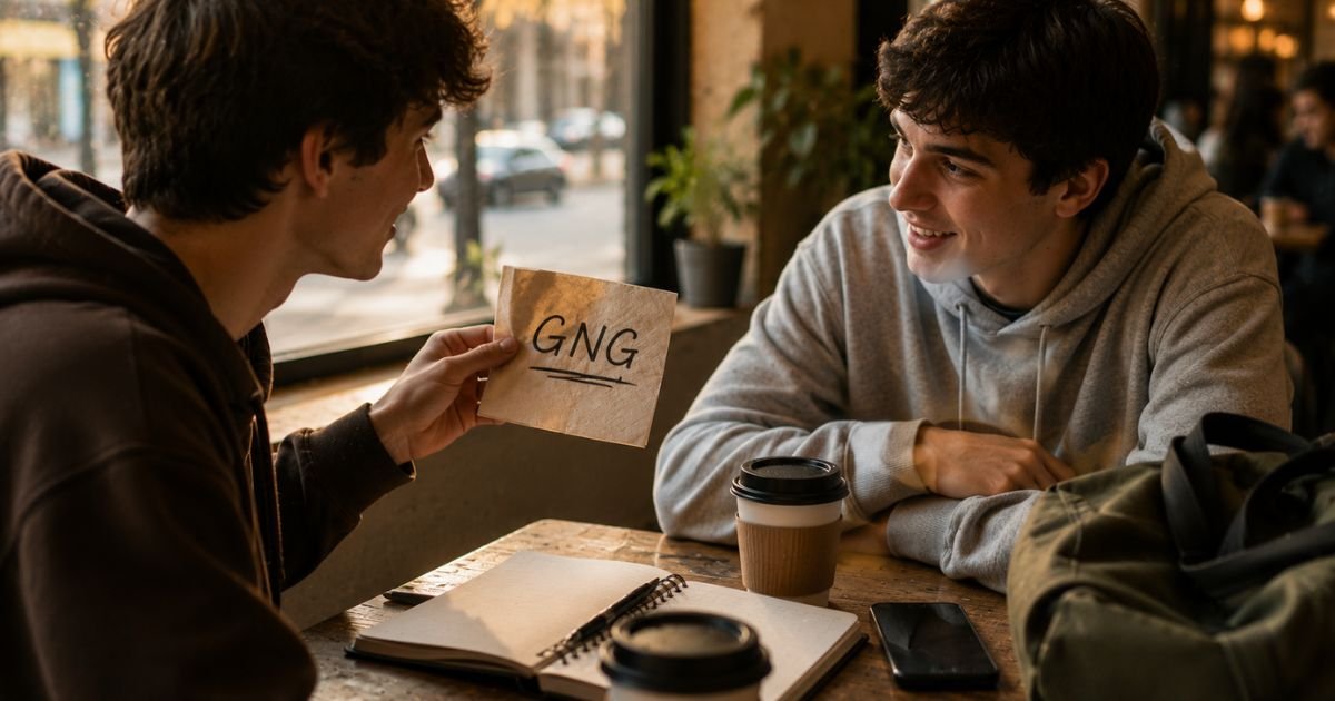 Friends discussing GNG at a café