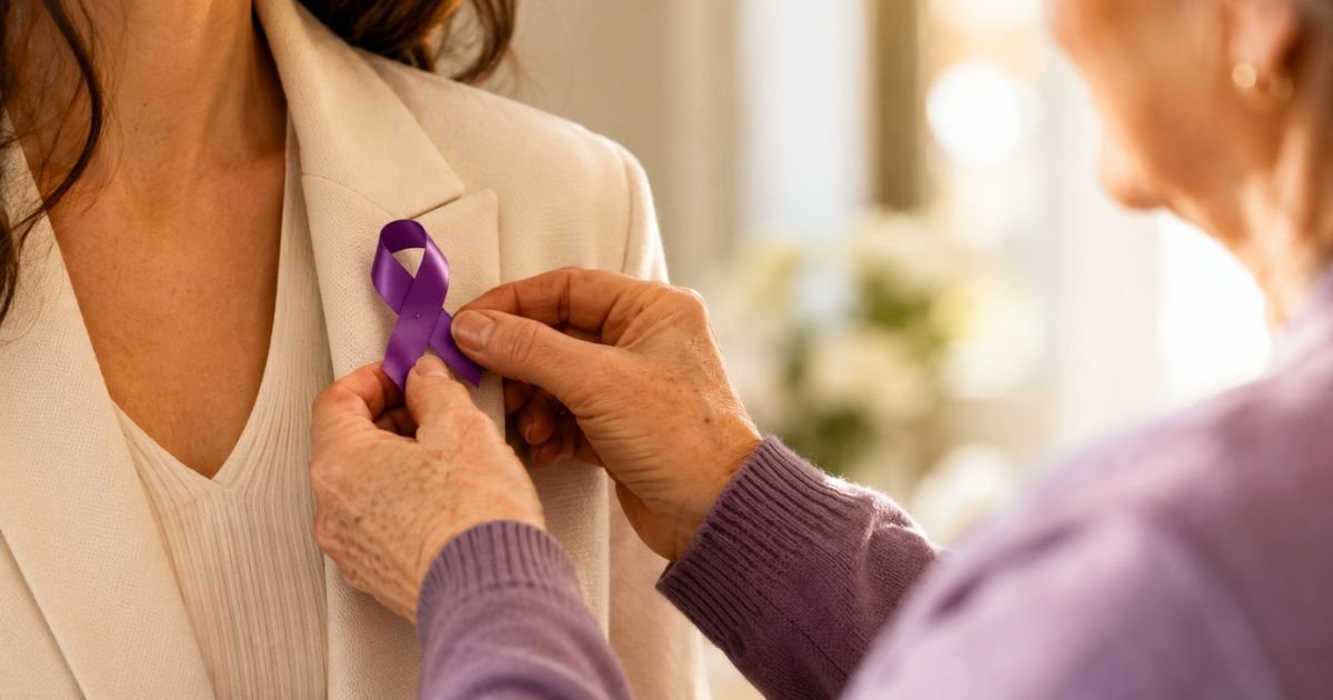 Person pinning a purple awareness ribbon