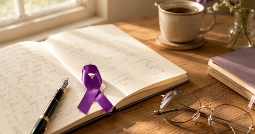 Purple ribbon beside an open notebook