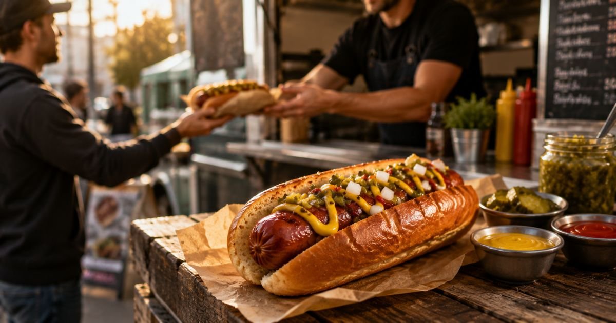 Street food stand showing a gourmet glizzy hot dog
