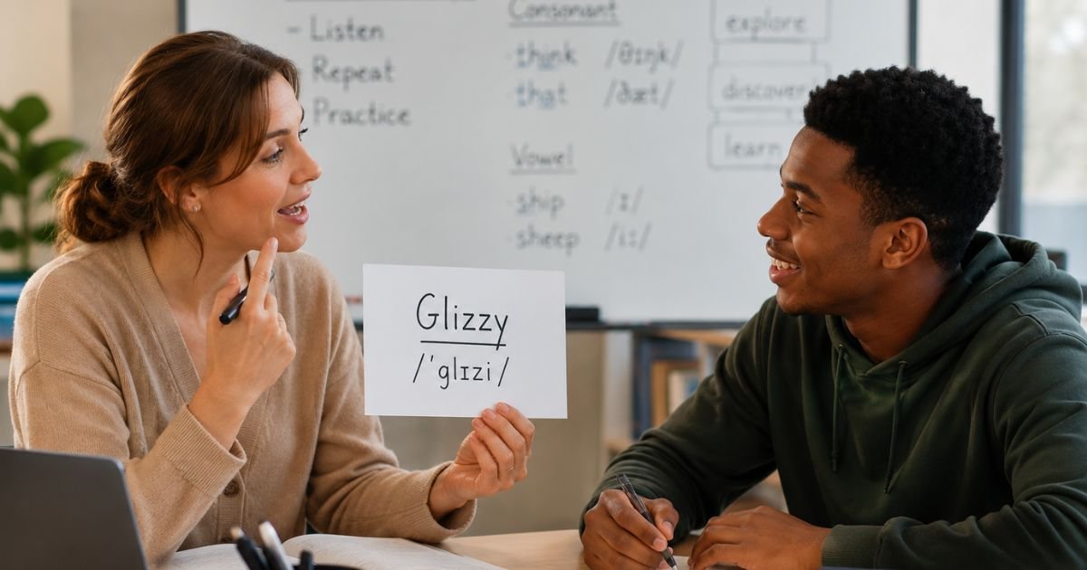 Teacher helping a student pronounce the word Glizzy